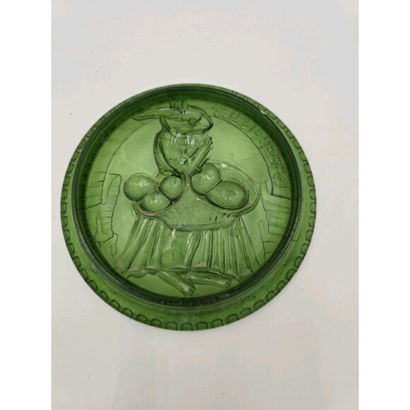 Antique EAPG Green Glass Plate Or Dish "An Easter Lay" Rabbit Eggs Basket 6 Inch - Picture 2 of 5